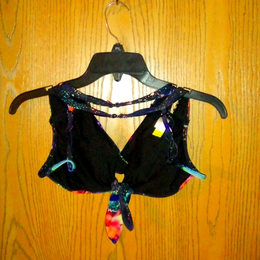 BLaCK/NeoN Tie-Dye print 2 piece w/ 2 clasp adjustable bikini 👙 top swim suit - Picture 7 of 8